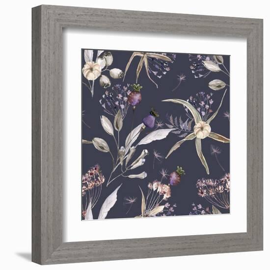 Boho Flowers Watercolor Seamless Paper for Fabric, Dried Floral Repeat Pattern, Beige and Purple Fl-Olga_Koelsch-Framed Art Print