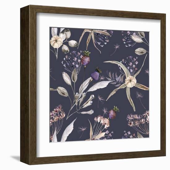 Boho Flowers Watercolor Seamless Paper for Fabric, Dried Floral Repeat Pattern, Beige and Purple Fl-Olga_Koelsch-Framed Art Print