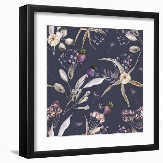Boho Flowers Watercolor Seamless Paper for Fabric, Dried Floral Repeat Pattern, Beige and Purple Fl-Olga_Koelsch-Framed Art Print