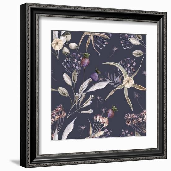 Boho Flowers Watercolor Seamless Paper for Fabric, Dried Floral Repeat Pattern, Beige and Purple Fl-Olga_Koelsch-Framed Art Print