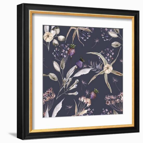 Boho Flowers Watercolor Seamless Paper for Fabric, Dried Floral Repeat Pattern, Beige and Purple Fl-Olga_Koelsch-Framed Art Print