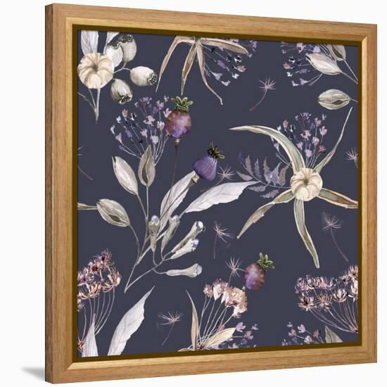 Boho Flowers Watercolor Seamless Paper for Fabric, Dried Floral Repeat Pattern, Beige and Purple Fl-Olga_Koelsch-Framed Stretched Canvas