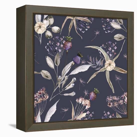 Boho Flowers Watercolor Seamless Paper for Fabric, Dried Floral Repeat Pattern, Beige and Purple Fl-Olga_Koelsch-Framed Stretched Canvas