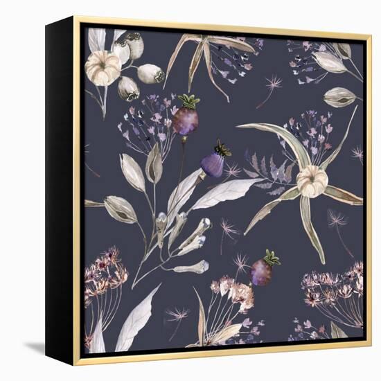 Boho Flowers Watercolor Seamless Paper for Fabric, Dried Floral Repeat Pattern, Beige and Purple Fl-Olga_Koelsch-Framed Stretched Canvas