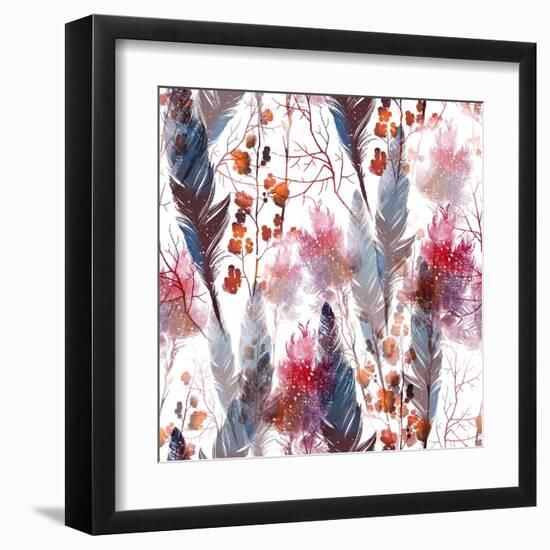 Boho Style Magic: Twigs and Feathers - Seamless Pattern - Digital and Watercolor Mixed Media Fashio-Liia Chevnenko-Framed Art Print