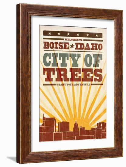 Boise, Idaho - Skyline and Sunburst Screenprint Style-Lantern Press-Framed Art Print