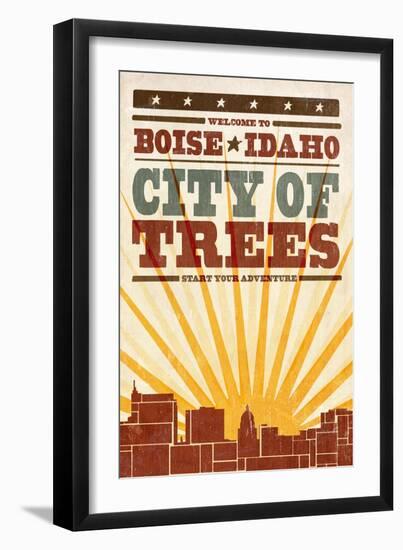 Boise, Idaho - Skyline and Sunburst Screenprint Style-Lantern Press-Framed Art Print