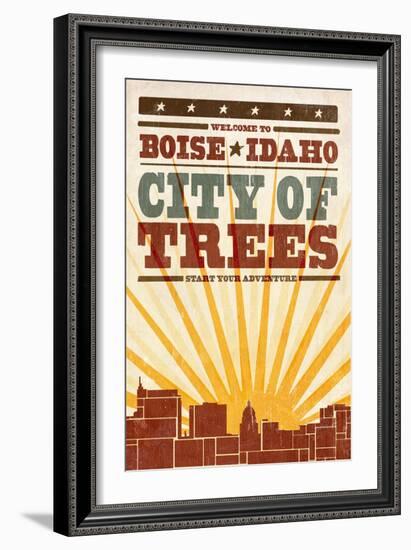 Boise, Idaho - Skyline and Sunburst Screenprint Style-Lantern Press-Framed Art Print