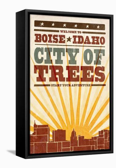 Boise, Idaho - Skyline and Sunburst Screenprint Style-Lantern Press-Framed Stretched Canvas
