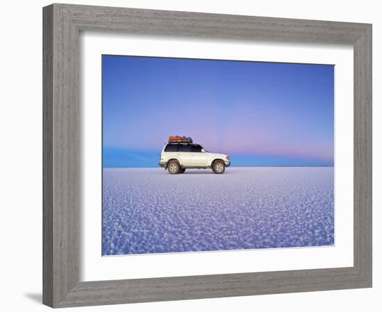 Bolivia, Potosi Department, Daniel Campos Province, White Toyota Landcruiser on the Salar de Uyuni,-Karol Kozlowski-Framed Photographic Print