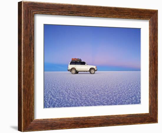 Bolivia, Potosi Department, Daniel Campos Province, White Toyota Landcruiser on the Salar de Uyuni,-Karol Kozlowski-Framed Photographic Print