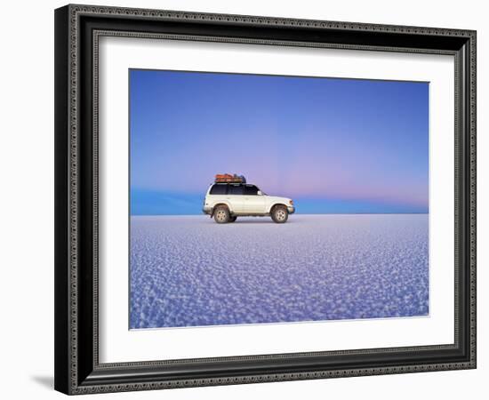 Bolivia, Potosi Department, Daniel Campos Province, White Toyota Landcruiser on the Salar de Uyuni,-Karol Kozlowski-Framed Photographic Print