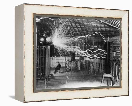 Bolts of Electricity Discharging in the Lab of Nikola Tesla-Stocktrek Images-Framed Premier Image Canvas