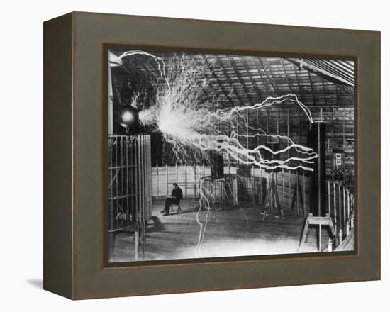 Bolts of Electricity Discharging in the Lab of Nikola Tesla-Stocktrek Images-Framed Premier Image Canvas