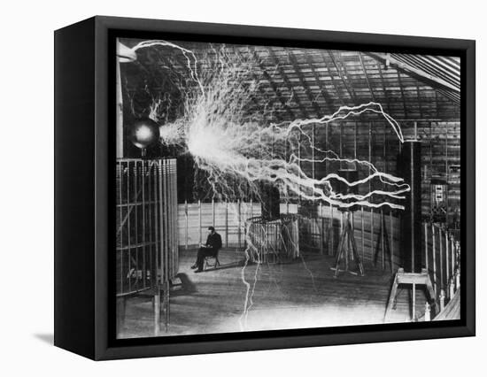 Bolts of Electricity Discharging in the Lab of Nikola Tesla-Stocktrek Images-Framed Premier Image Canvas