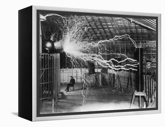 Bolts of Electricity Discharging in the Lab of Nikola Tesla-Stocktrek Images-Framed Premier Image Canvas