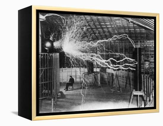 Bolts of Electricity Discharging in the Lab of Nikola Tesla-Stocktrek Images-Framed Premier Image Canvas