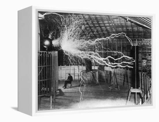 Bolts of Electricity Discharging in the Lab of Nikola Tesla-Stocktrek Images-Framed Premier Image Canvas