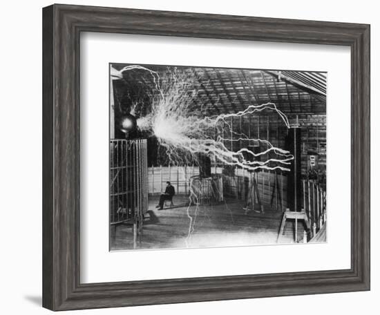 Bolts of Electricity Discharging in the Lab of Nikola Tesla-Stocktrek Images-Framed Photographic Print