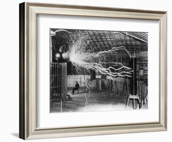 Bolts of Electricity Discharging in the Lab of Nikola Tesla-Stocktrek Images-Framed Photographic Print