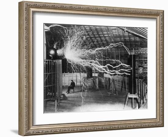 Bolts of Electricity Discharging in the Lab of Nikola Tesla-Stocktrek Images-Framed Photographic Print