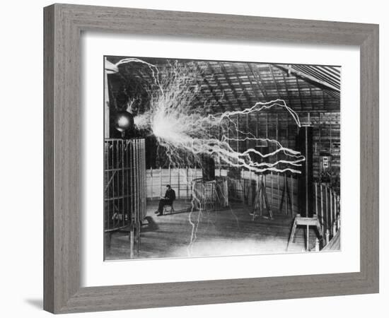 Bolts of Electricity Discharging in the Lab of Nikola Tesla-Stocktrek Images-Framed Photographic Print