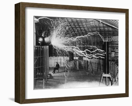 Bolts of Electricity Discharging in the Lab of Nikola Tesla-Stocktrek Images-Framed Photographic Print