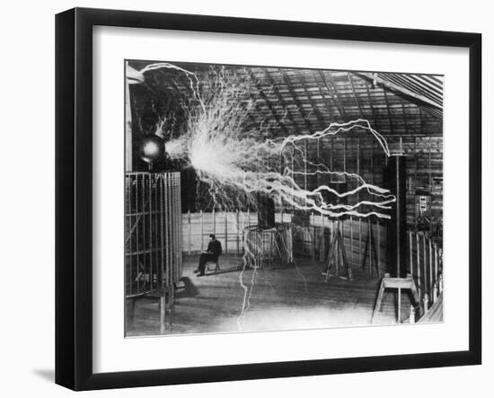 Bolts of Electricity Discharging in the Lab of Nikola Tesla-Stocktrek Images-Framed Photographic Print