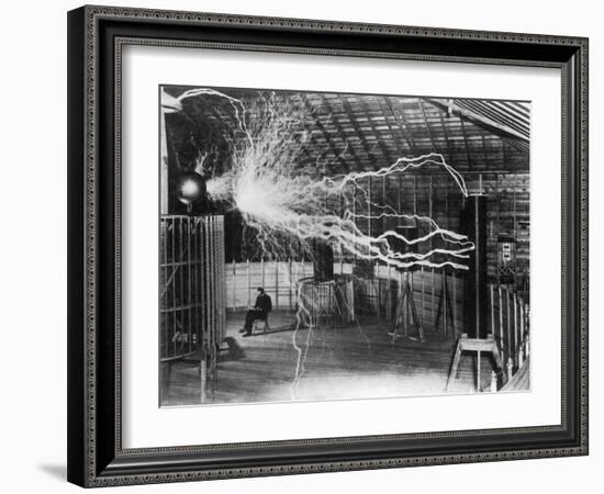 Bolts of Electricity Discharging in the Lab of Nikola Tesla-Stocktrek Images-Framed Photographic Print