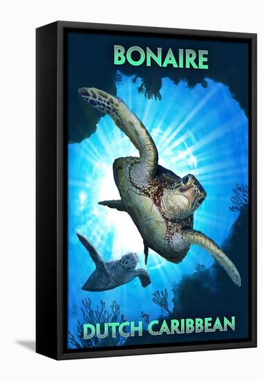 Bonaire, Dutch Caribbean - Sea Turtle Diving-Lantern Press-Framed Stretched Canvas