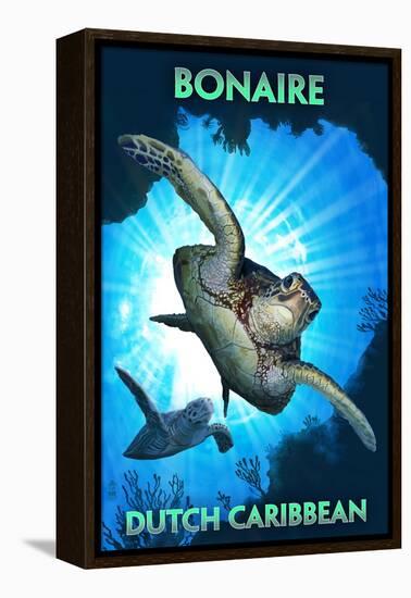 Bonaire, Dutch Caribbean - Sea Turtle Diving-Lantern Press-Framed Stretched Canvas