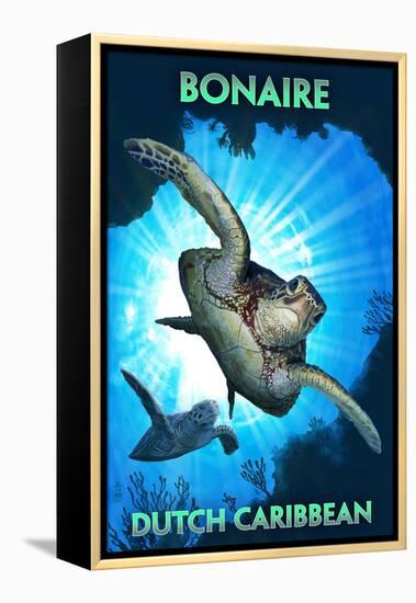 Bonaire, Dutch Caribbean - Sea Turtle Diving-Lantern Press-Framed Stretched Canvas