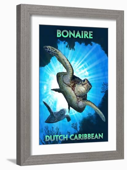 Bonaire, Dutch Caribbean - Sea Turtle Diving-Lantern Press-Framed Art Print