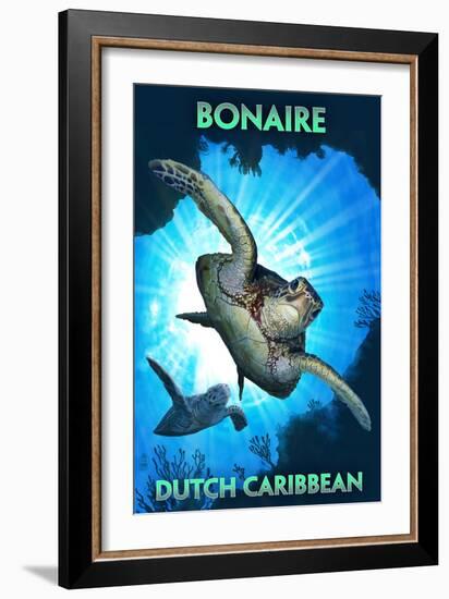 Bonaire, Dutch Caribbean - Sea Turtle Diving-Lantern Press-Framed Art Print