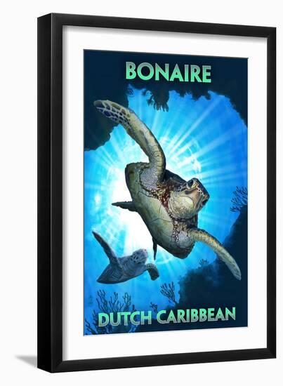 Bonaire, Dutch Caribbean - Sea Turtle Diving-Lantern Press-Framed Art Print