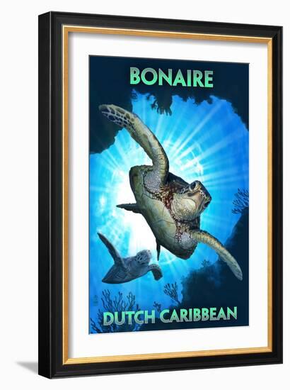 Bonaire, Dutch Caribbean - Sea Turtle Diving-Lantern Press-Framed Art Print