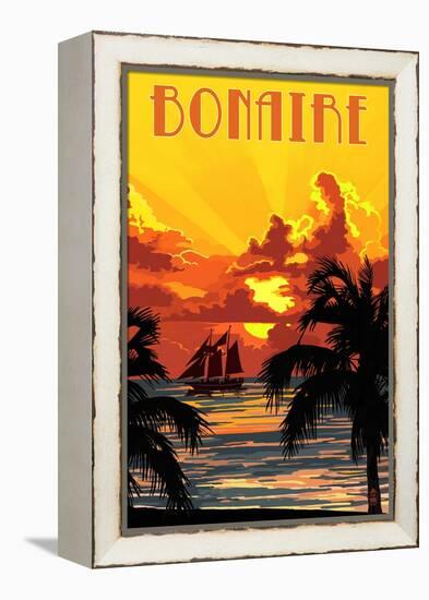 Bonaire, Dutch Caribbean - Sunset and Ship-Lantern Press-Framed Stretched Canvas