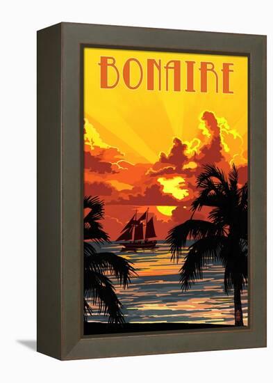 Bonaire, Dutch Caribbean - Sunset and Ship-Lantern Press-Framed Stretched Canvas