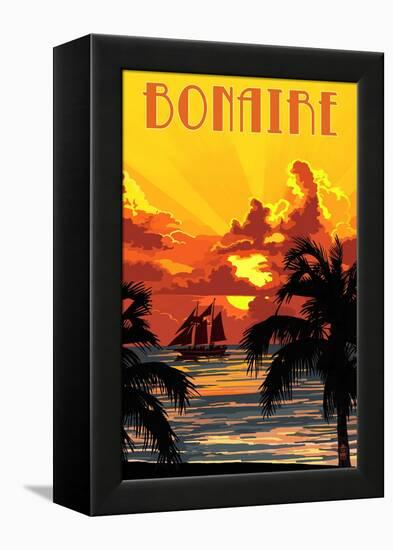 Bonaire, Dutch Caribbean - Sunset and Ship-Lantern Press-Framed Stretched Canvas