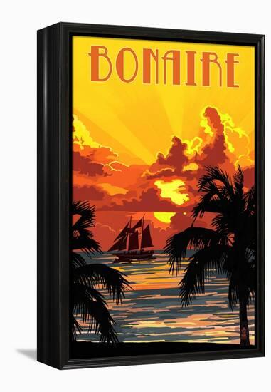 Bonaire, Dutch Caribbean - Sunset and Ship-Lantern Press-Framed Stretched Canvas