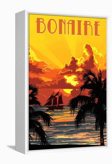 Bonaire, Dutch Caribbean - Sunset and Ship-Lantern Press-Framed Stretched Canvas