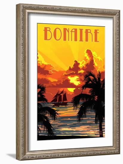 Bonaire, Dutch Caribbean - Sunset and Ship-Lantern Press-Framed Art Print