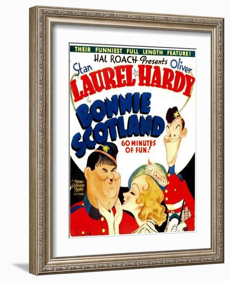 Bonnie Scotland, Oliver Hardy, June Lang, Stan Laurel on Window Card, 1935-null-Framed Photo