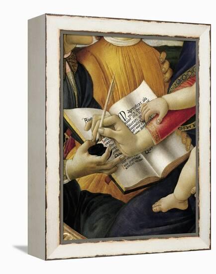 Book and Act of Writing, Detail from Madonna and Child with Angels or Madonna of Magnificat-Sandro Botticelli-Framed Premier Image Canvas