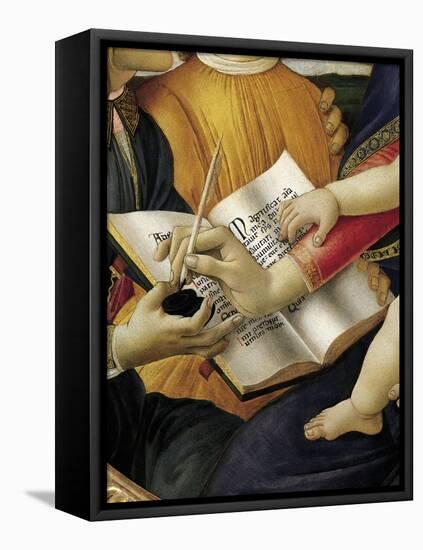 Book and Act of Writing, Detail from Madonna and Child with Angels or Madonna of Magnificat-Sandro Botticelli-Framed Premier Image Canvas