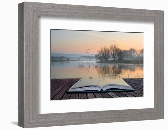 Book Concept Landscape of Lake in Mist with Sun Glow at Sunrise-Veneratio-Framed Photographic Print