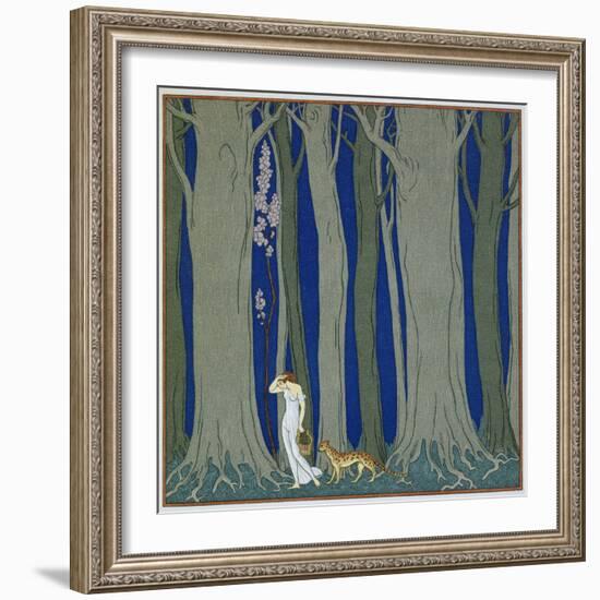 Book Illustration of a Woman and a Leopard in the Forest by Georges Barbier-Stapleton Collection-Framed Premium Giclee Print