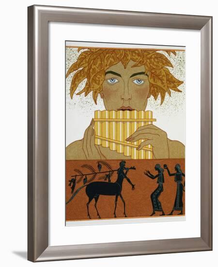 Book Illustration of a Woman Playing Panpipes and a Centaur Greeting Two Women by Georges Barbier-Stapleton Collection-Framed Giclee Print