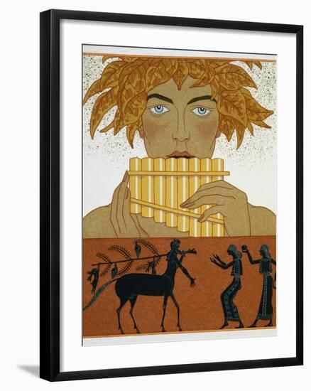 Book Illustration of a Woman Playing Panpipes and a Centaur Greeting Two Women by Georges Barbier-Stapleton Collection-Framed Giclee Print