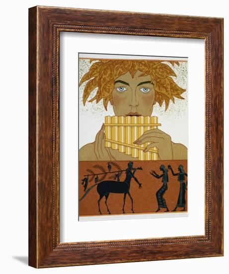 Book Illustration of a Woman Playing Panpipes and a Centaur Greeting Two Women by Georges Barbier-Stapleton Collection-Framed Giclee Print